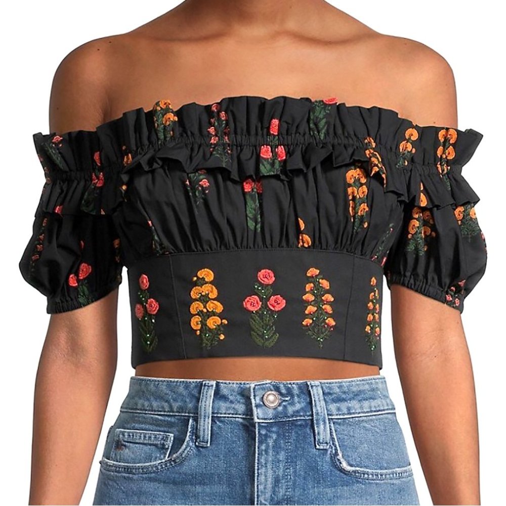 NWT Agua Bendita Wallflower Pimienta Dahlia Floral Crop Top Ruffle OTS Cotton XS